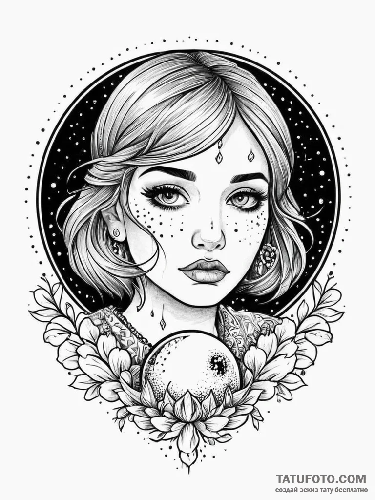 A woman looking into a crystal ball, her own... - эскиз тату (№1752008593_0, 08.07.2025 21:03) — Tatufoto.com