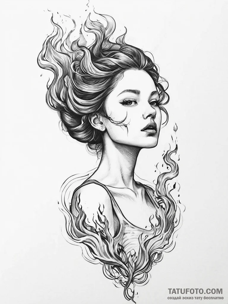 A girl whose body is made of fire and smoke,... - эскиз тату (№1752008850_0, 08.07.2025 21:07) — Tatufoto.com