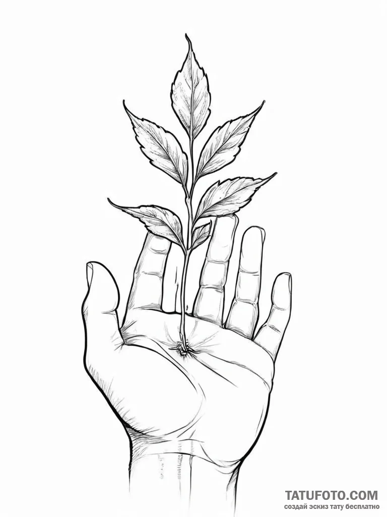 A human hand, holding a single, glowing seed,... - эскиз тату (№1752009877_0, 08.07.2025 21:24) — Tatufoto.com