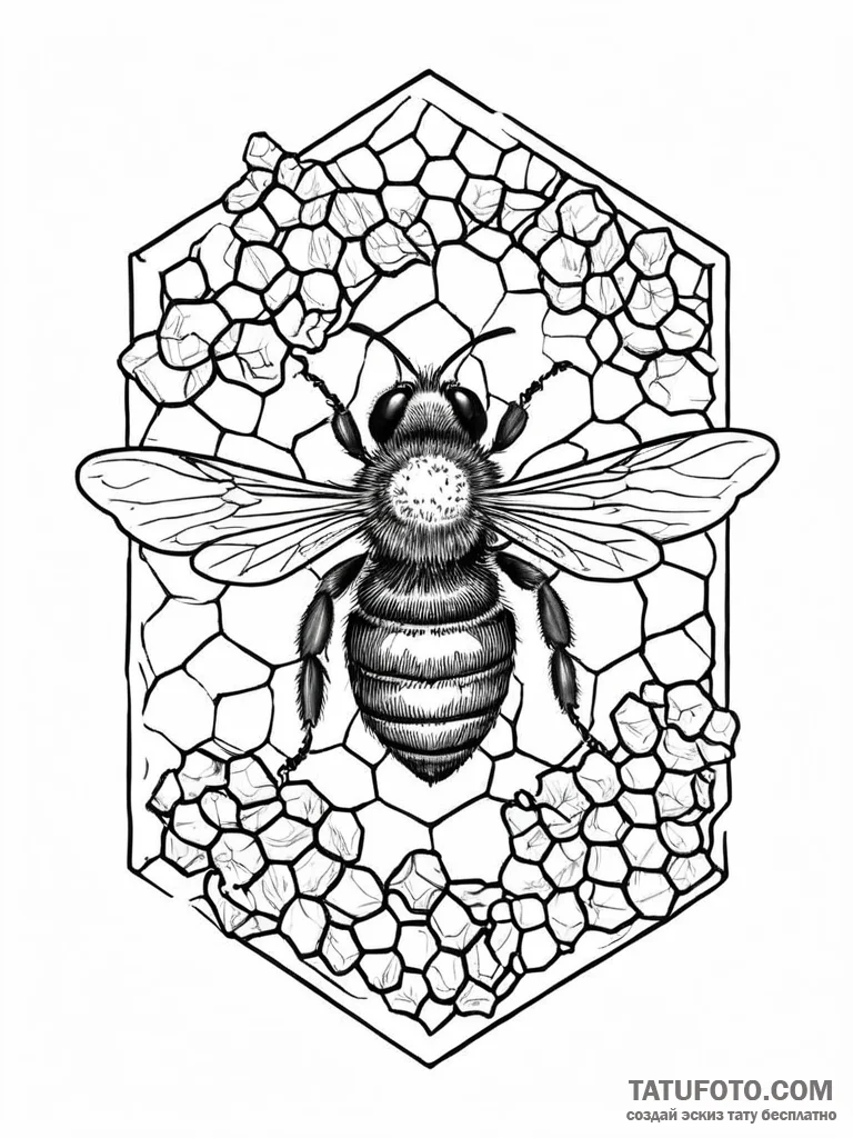 A single, perfect bee, resting on a honeycomb... - эскиз тату (№1752010821_0, 08.07.2025 21:40) — Tatufoto.com