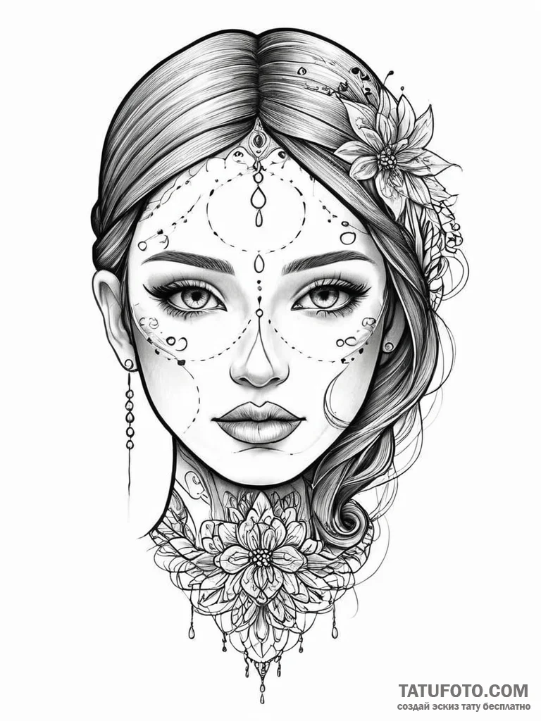 A beautiful, realistic woman's face, with a s... - эскиз тату (№1752011590_0, 08.07.2025 21:53) — Tatufoto.com