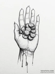 A drawing of a hand, counting coins, tattoo f... - эскиз тату (№1752011933_0, 08.07.2025 21:58) — Tatufoto.com
