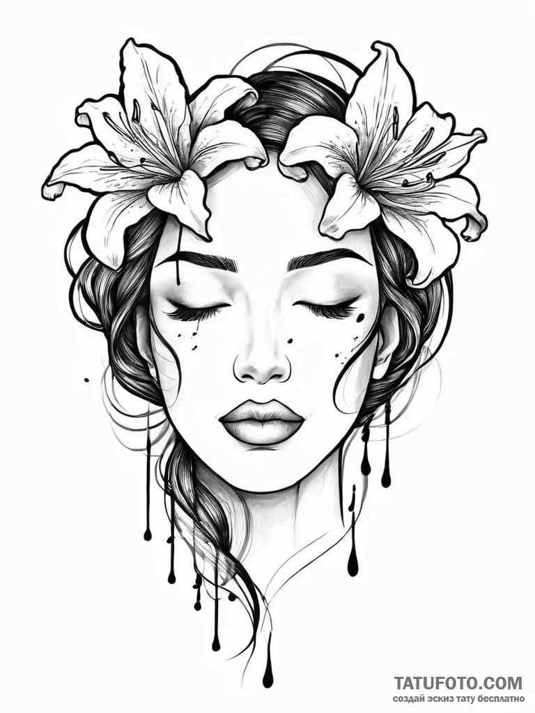 A woman with closed eyes, tears turning into... - эскиз тату (№1752013127_0, 08.07.2025 22:18) — Tatufoto.com