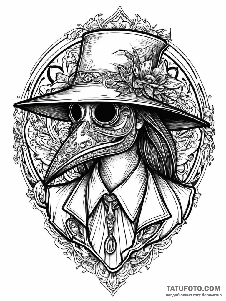 A beautiful woman wearing a plague doctor mas... - эскиз тату (№1752014056_0, 08.07.2025 22:34) — Tatufoto.com