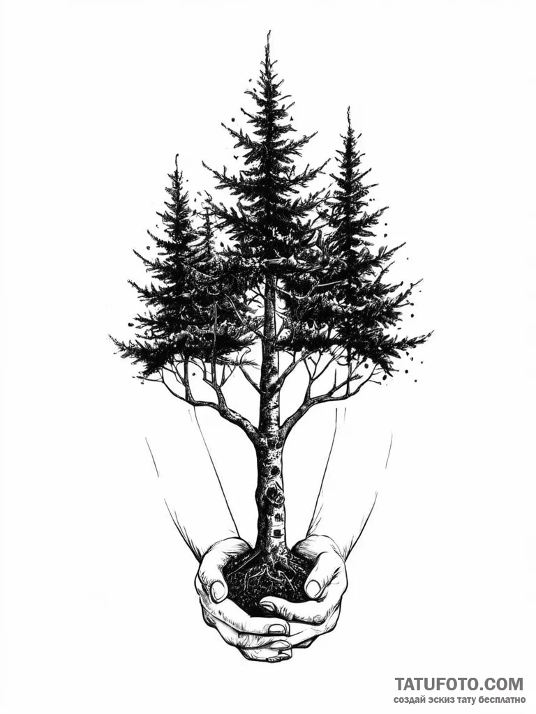 A person, planting a forest of new trees, art... - эскиз тату (№1752014397_0, 08.07.2025 22:39) — Tatufoto.com