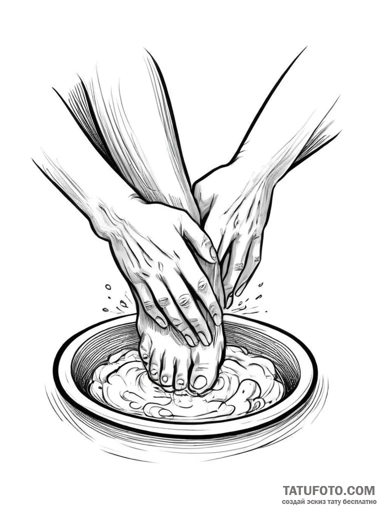 A person's hands, washing the feet of another... - эскиз тату (№1752014996_0, 08.07.2025 22:49) — Tatufoto.com