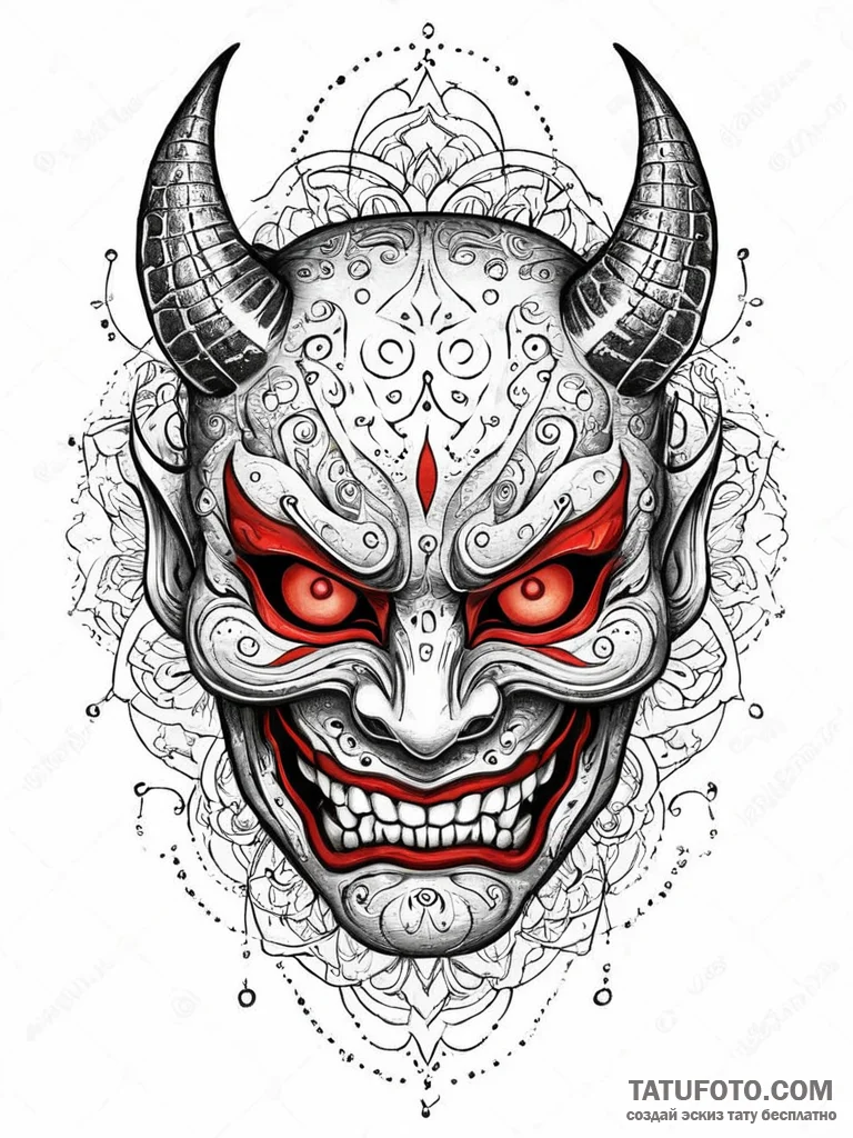 A japanese hannya mask, but it's made of chro... - эскиз тату (№1752015253_0, 08.07.2025 22:54) — Tatufoto.com
