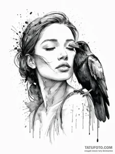 A woman whispering a secret to a raven perche... - эскиз тату (№1752016792_0, 08.07.2025 23:19) — Tatufoto.com