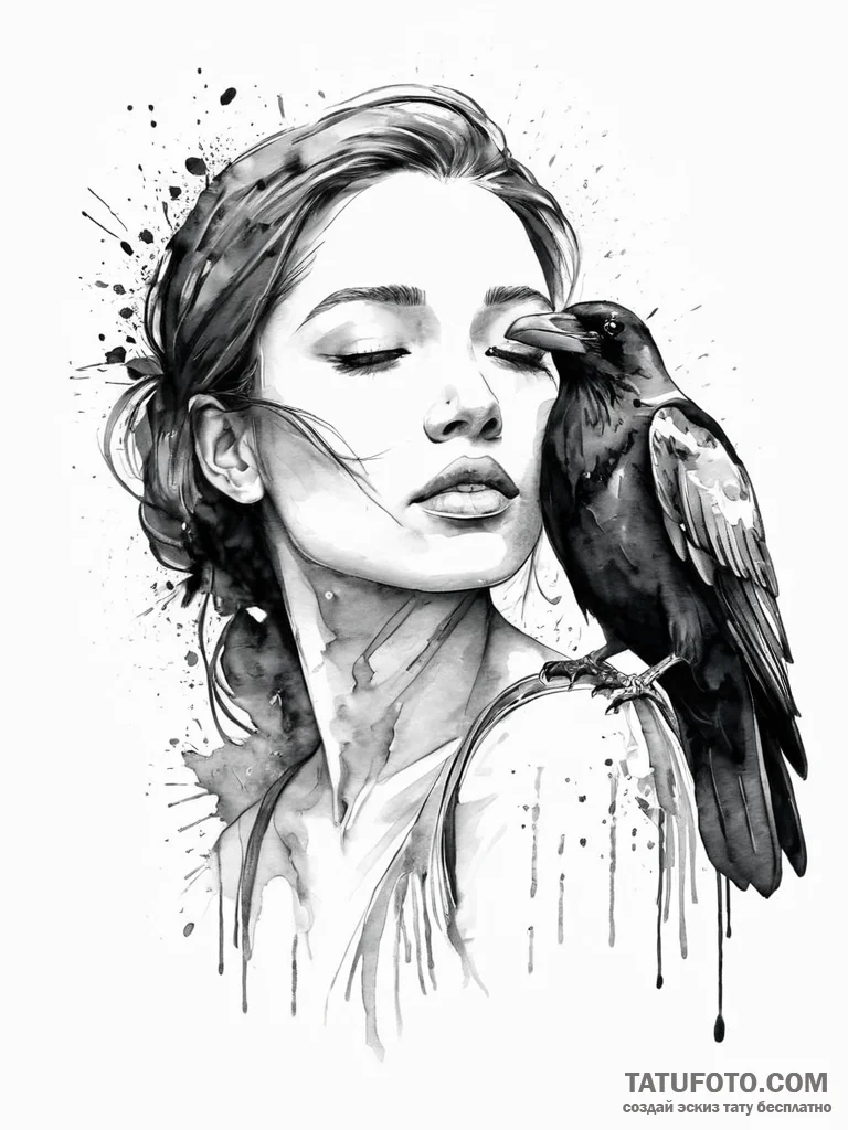 A woman whispering a secret to a raven perche... - эскиз тату (№1752016792_0, 08.07.2025 23:19) — Tatufoto.com