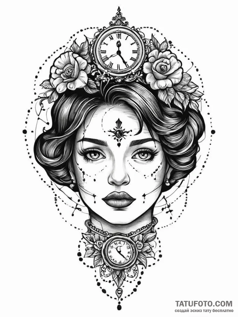 A woman whose face is a detailed vintage cloc... - эскиз тату (№1752017048_0, 08.07.2025 23:24) — Tatufoto.com