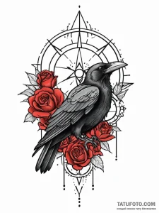 A realistic raven, with a red, geometric sun... - эскиз тату (№1752018242_0, 08.07.2025 23:44) — Tatufoto.com