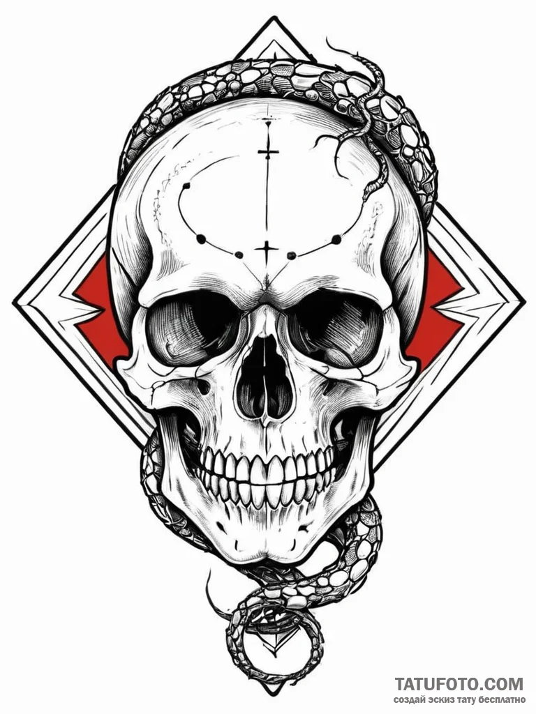 A human skull, with a serpent slithering thro... - эскиз тату (№1752018497_0, 08.07.2025 23:48) — Tatufoto.com