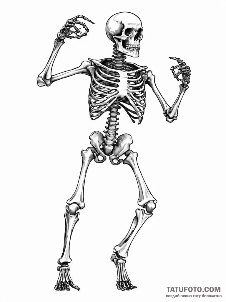 A human skeleton in a dynamic, aggressive fig... - эскиз тату (№1752018752_0, 08.07.2025 23:52) — Tatufoto.com