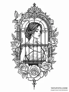 A woman holding a birdcage, but the door is o... - эскиз тату (№1752019263_0, 09.07.2025 00:01) — Tatufoto.com