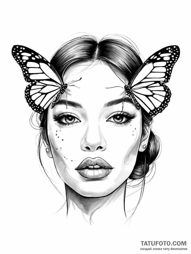 A portrait of a girl, a single monarch butter... - эскиз тату (№1752019948_0, 09.07.2025 00:12) — Tatufoto.com