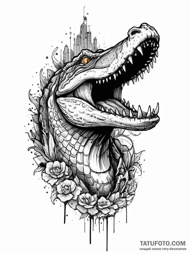A powerful crocodile, its jaws open, full of... - эскиз тату (№1752021222_0, 09.07.2025 00:33) — Tatufoto.com