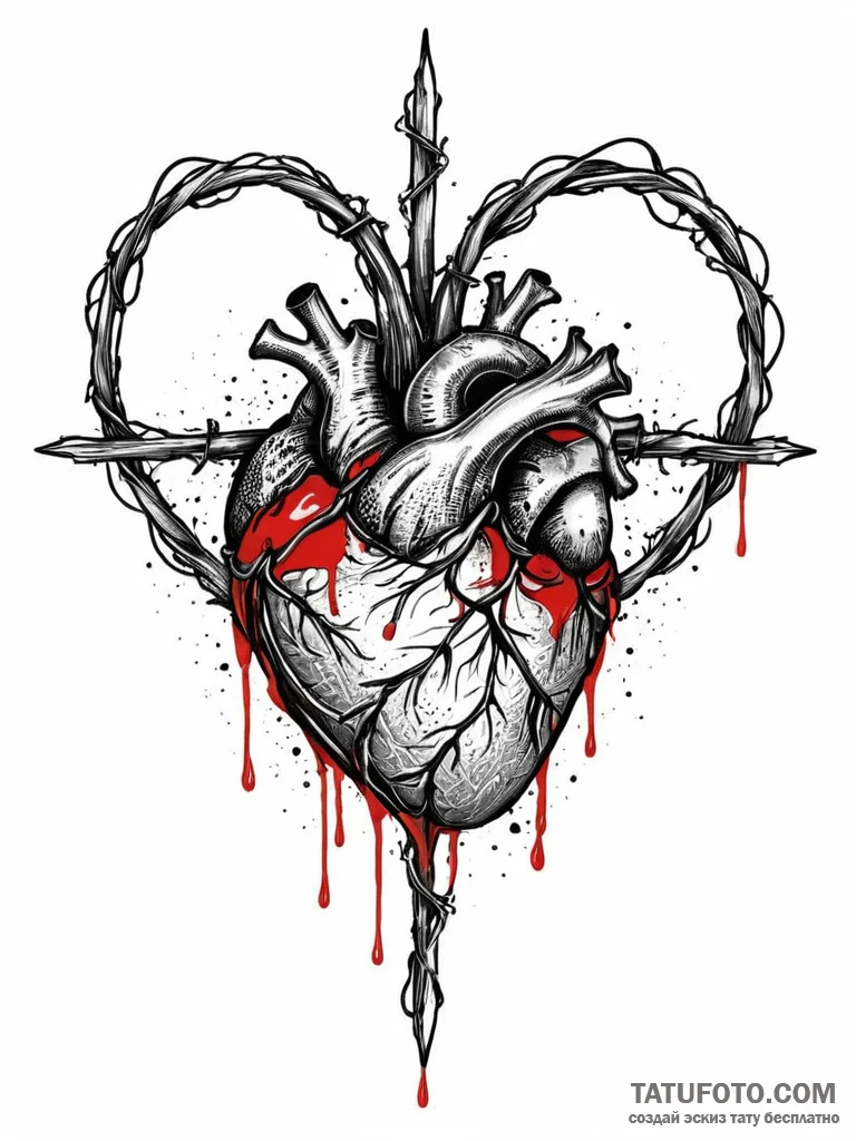 A realistic human heart, wrapped in black bar... - эскиз тату (№1752021735_0, 09.07.2025 00:42) — Tatufoto.com