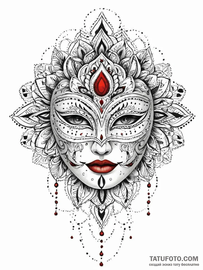 A beautiful, ornate masquerade mask with a si... - эскиз тату (№1752022077_0, 09.07.2025 00:47) — Tatufoto.com