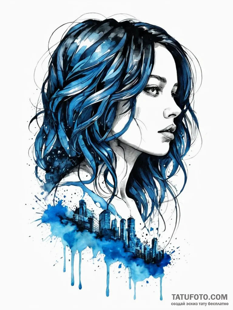 A portrait of a woman, her hair is a cascadin... - эскиз тату (№1752022677_0, 09.07.2025 00:57) — Tatufoto.com