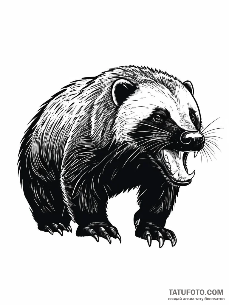 A snarling honey badger, a symbol of fearless... - эскиз тату (№1752053187_0, 09.07.2025 09:26) — Tatufoto.com