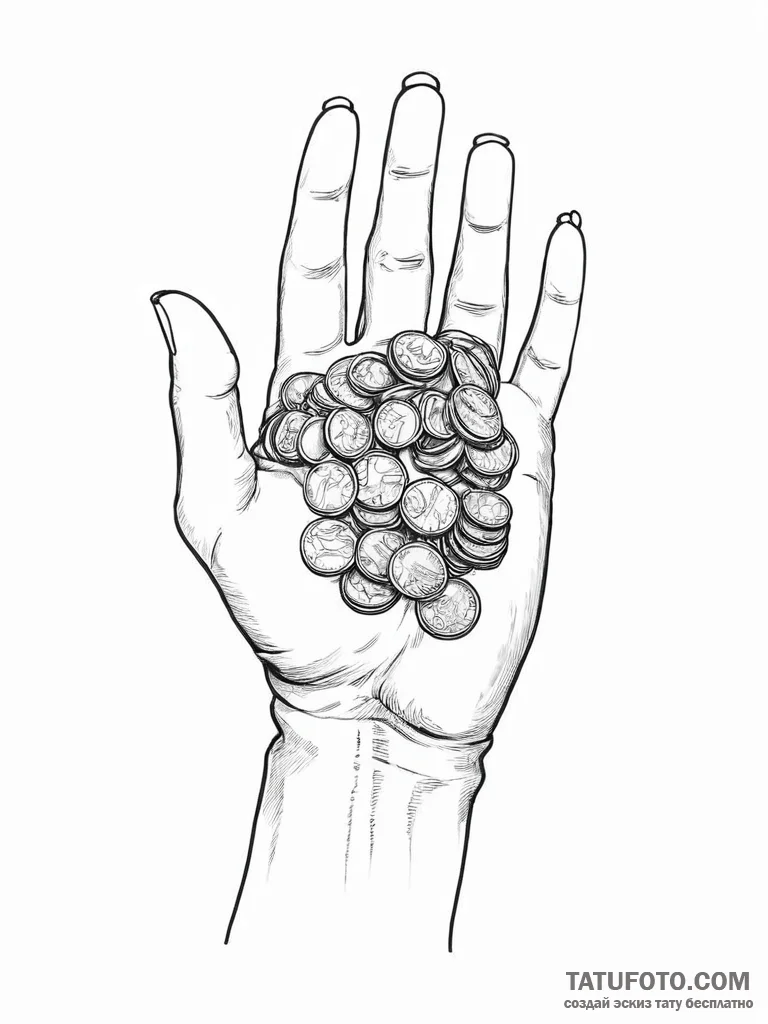 A drawing of a hand, counting coins - эскиз тату (№1752054638_0, 09.07.2025 09:50) — Tatufoto.com