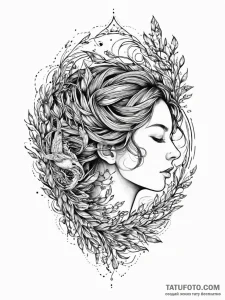 A woman whose hair is a nest for tiny, glowin... - эскиз тату (№1752057016_0, 09.07.2025 10:30) — Tatufoto.com