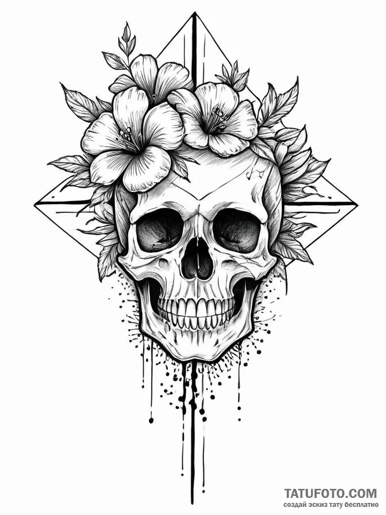 A skull, with a single, red flower growing fr... - эскиз тату (№1752057694_0, 09.07.2025 10:41) — Tatufoto.com