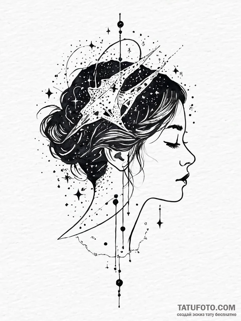 A woman's silhouette filled with a starry nig... - эскиз тату (№1752057778_0, 09.07.2025 10:42) — Tatufoto.com