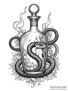 A snake, coiled around a smoking potion bottl... - эскиз тату (№1752058361_0, 09.07.2025 10:52) — Tatufoto.com