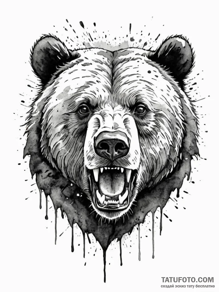 A roaring grizzly bear's head, its fur is mad... - эскиз тату (№1752059502_0, 09.07.2025 11:11) — Tatufoto.com
