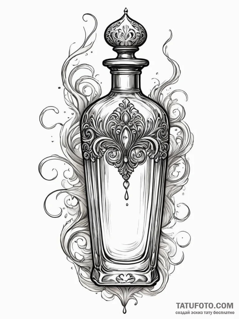A beautiful, ornate bottle of perfume, with a... - эскиз тату (№1752060014_0, 09.07.2025 11:20) — Tatufoto.com