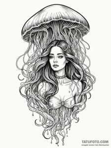 A woman surrounded by floating, spectral jell... - эскиз тату (№1752060401_0, 09.07.2025 11:26) — Tatufoto.com