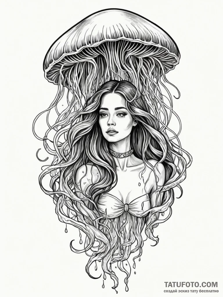 A woman surrounded by floating, spectral jell... - эскиз тату (№1752060401_0, 09.07.2025 11:26) — Tatufoto.com