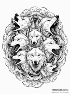 A pack of wolves, their bodies forming a powe... - эскиз тату (№1752060485_0, 09.07.2025 11:28) — Tatufoto.com