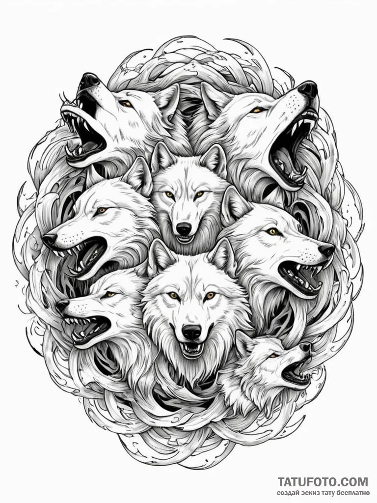 A pack of wolves, their bodies forming a powe... - эскиз тату (№1752060485_0, 09.07.2025 11:28) — Tatufoto.com