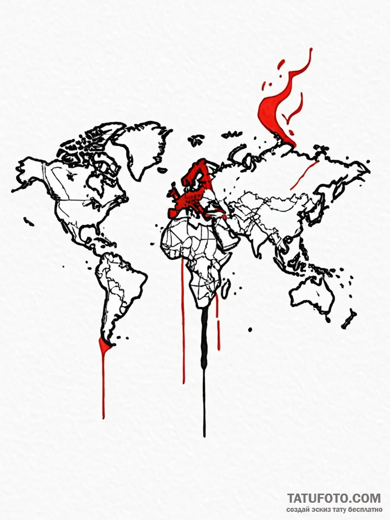 A world map, but it's on fire, with red and b... - эскиз тату (№1752061894_0, 09.07.2025 11:51) — Tatufoto.com