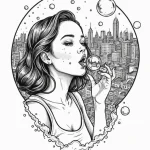 A girl blowing a bubble with gum, the bubble... - эскиз тату (№1752061979_0, 09.07.2025 11:52) — Tatufoto.com