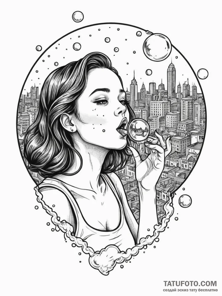 A girl blowing a bubble with gum, the bubble... - эскиз тату (№1752061979_0, 09.07.2025 11:52) — Tatufoto.com
