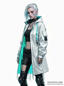 A cyberpunk girl with a transparent raincoat,... - эскиз тату (№1752062402_0, 09.07.2025 12:00) — Tatufoto.com