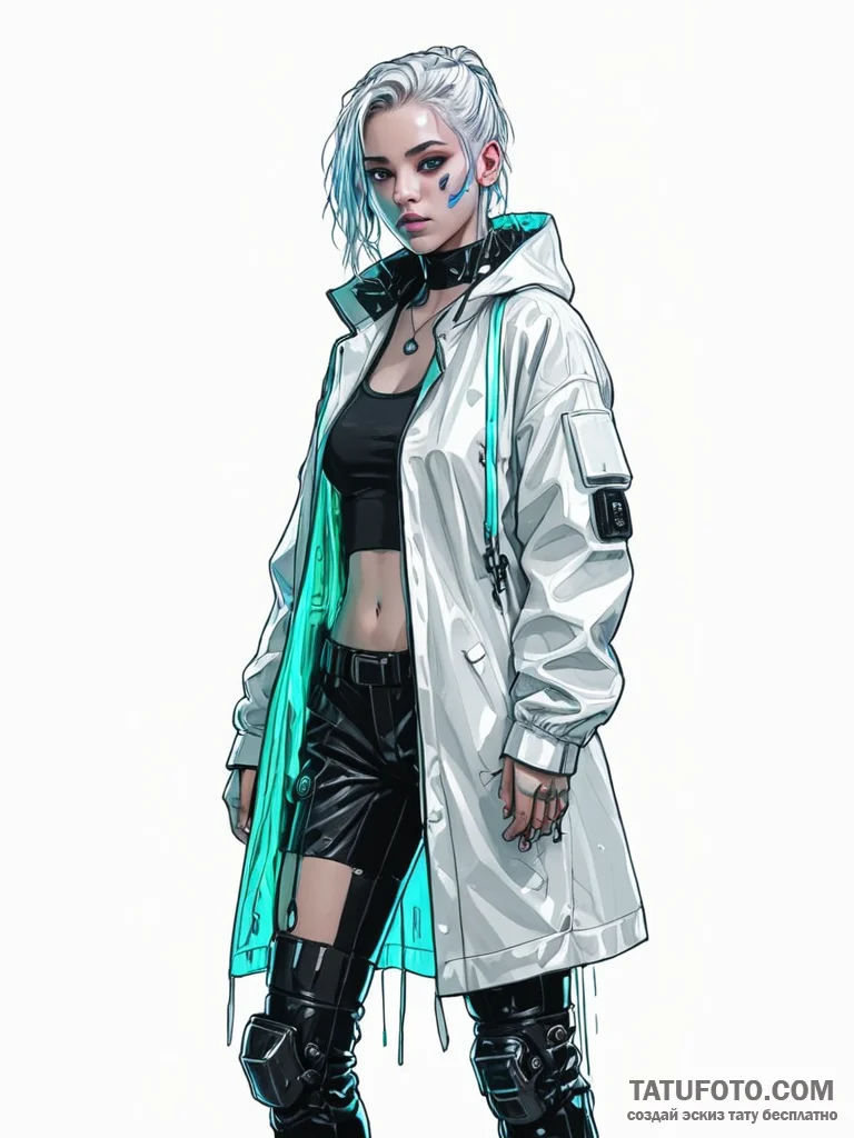 A cyberpunk girl with a transparent raincoat,... - эскиз тату (№1752062402_0, 09.07.2025 12:00) — Tatufoto.com