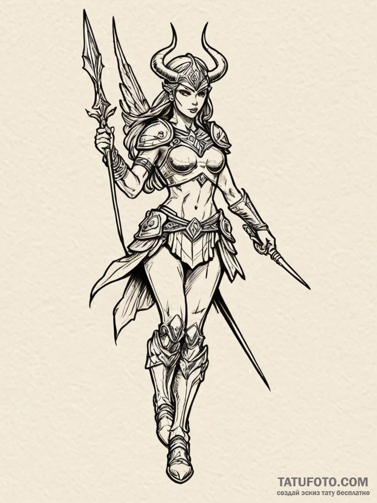 A beautiful, but fierce valkyrie, her spear p... - эскиз тату (№1752062823_0, 09.07.2025 12:07) — Tatufoto.com