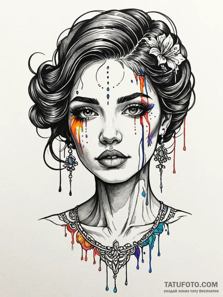 A woman whose tears are black ink, staining h... - эскиз тату (№1752063250_0, 09.07.2025 12:14) — Tatufoto.com