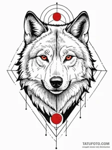 A portrait of a wolf, with a red, geometric m... - эскиз тату (№1752066275_0, 09.07.2025 13:04) — Tatufoto.com