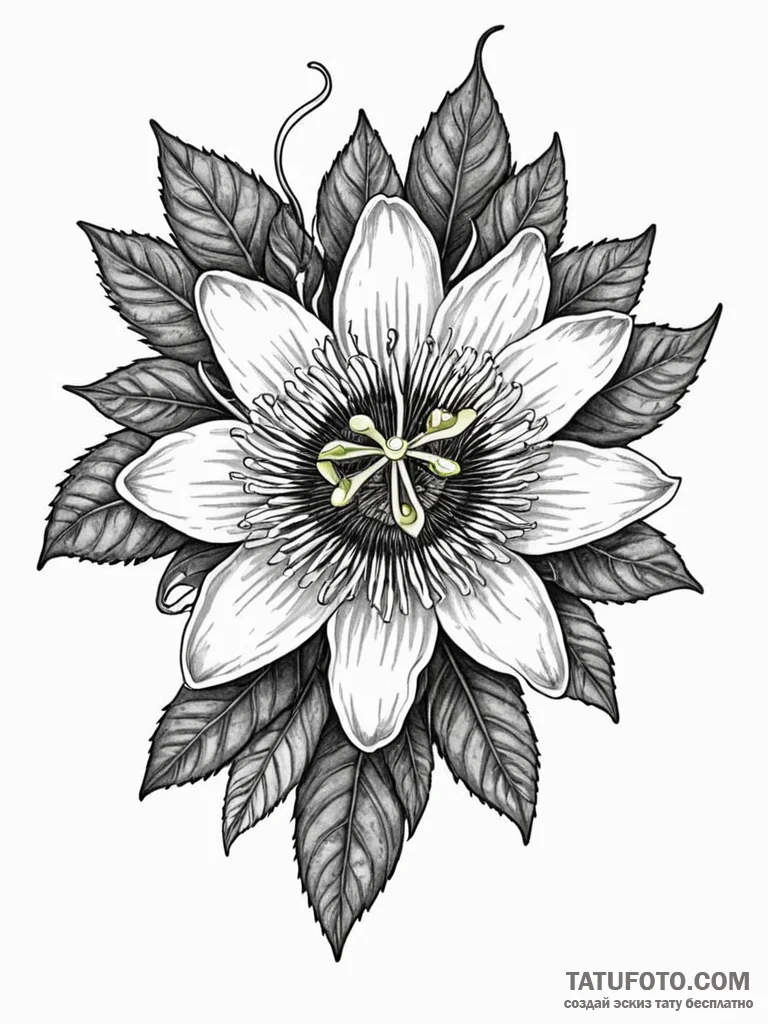 A beautiful, realistic passion flower, intric... - эскиз тату (№1752066442_0, 09.07.2025 13:07) — Tatufoto.com