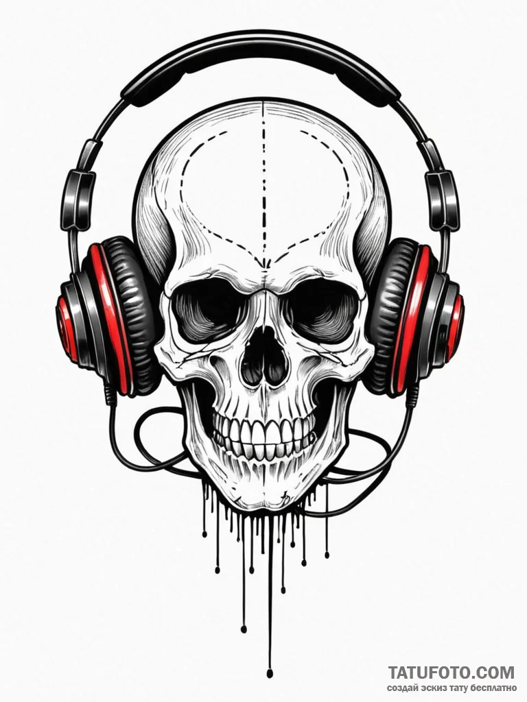 A skull, with a modern set of headphones on,... - эскиз тату (№1752067445_0, 09.07.2025 13:24) — Tatufoto.com