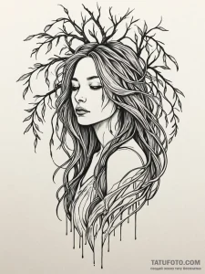 A woman whose flowing hair is the branches of... - эскиз тату (№1752067698_0, 09.07.2025 13:28) — Tatufoto.com