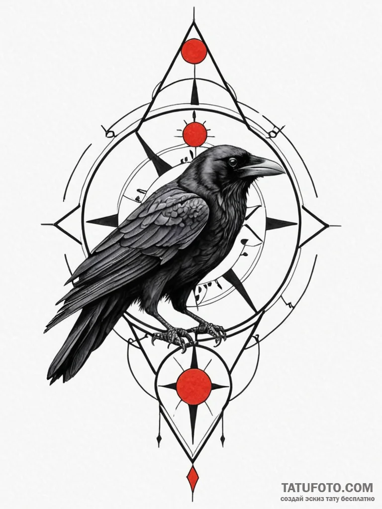 A realistic raven, with a red, geometric sun... - эскиз тату (№1752069906_0, 09.07.2025 14:05) — Tatufoto.com
