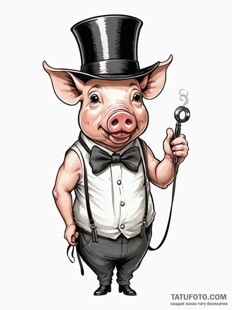 A pig, wearing a monocle and a top hat, ink i... - эскиз тату (№1752074827_0, 09.07.2025 15:27) — Tatufoto.com