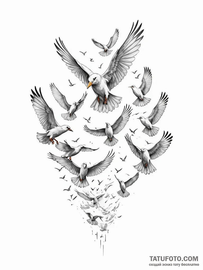 A powerful migratory bird flock, flying in a... - эскиз тату (№1752075655_0, 09.07.2025 15:40) — Tatufoto.com