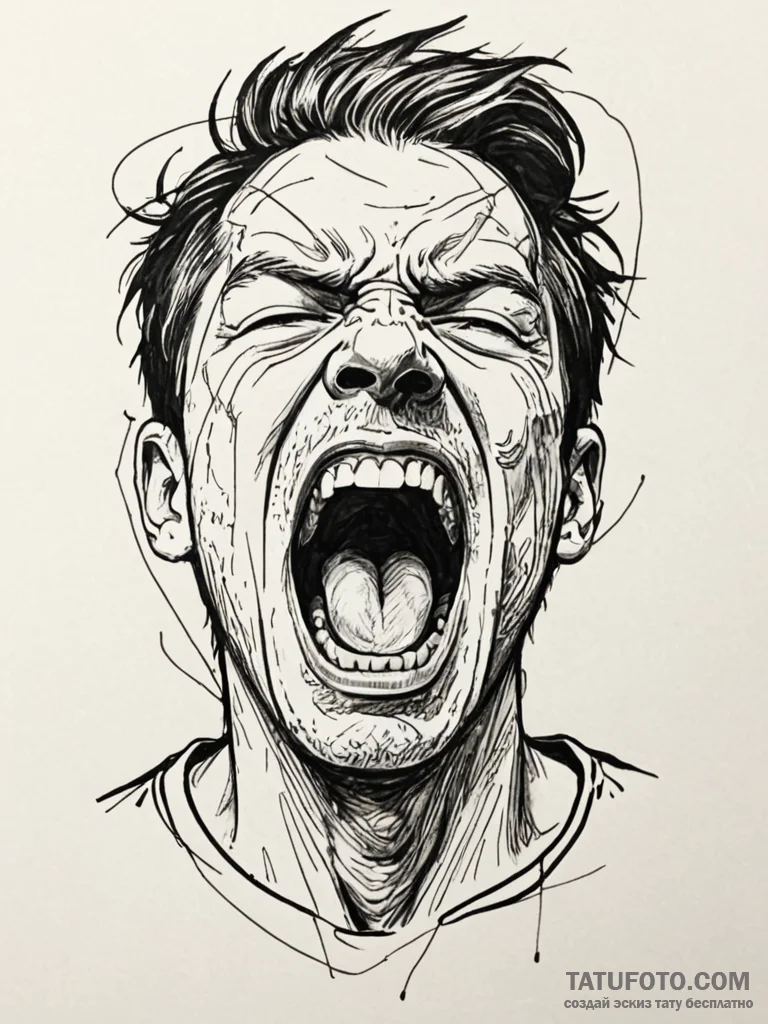 A portrait of a screaming face, half realisti... - эскиз тату (№1752075737_0, 09.07.2025 15:42) — Tatufoto.com